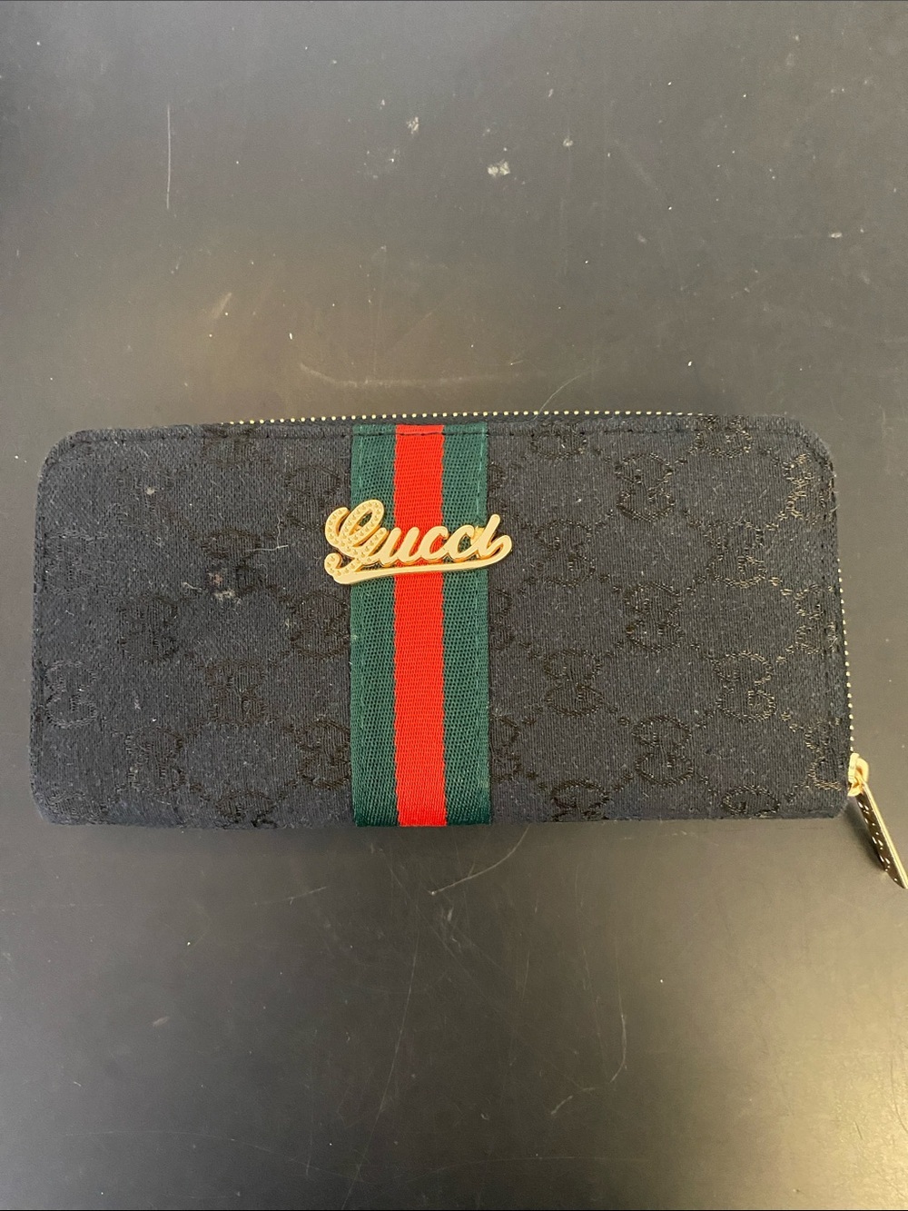Gucci Black Zip-Around Wallet with Green and Red Web Stripe